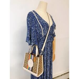 Coach CJ576 Dempsey Tote 22 In Signature Jacquard With Rainbow Stripe  IN Khaki